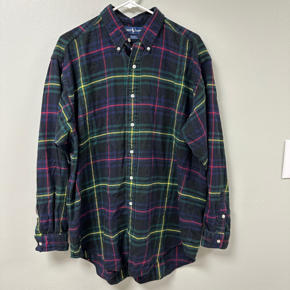 Ralph Lauren Blake Mens Large Plaid‎ Flannel Button Down Shirt Navy Green Cotton